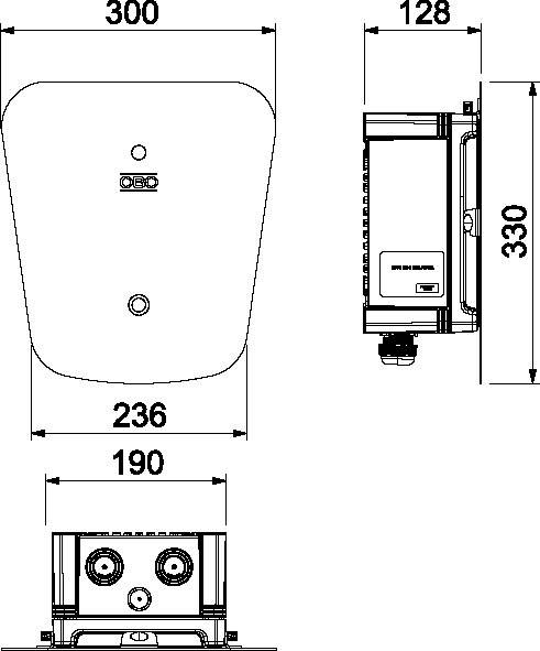 Technische tekening van een apparaat met afmetingen. De voorkant toont 300 mm breedte en 236 mm hoogte. Zijaanzicht: 128 mm diepte, 330 mm hoogte.