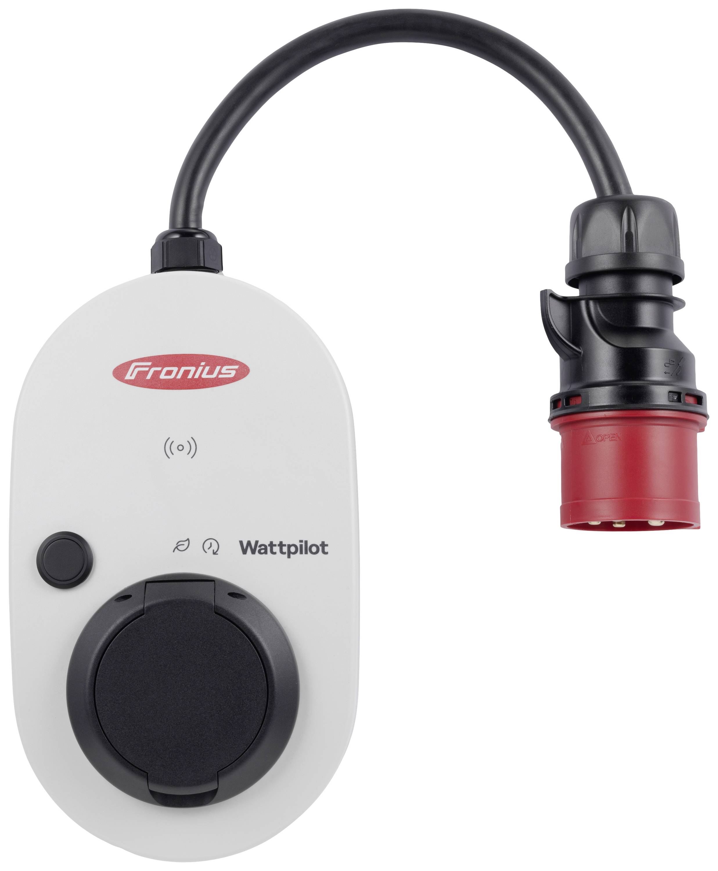 'Fronius Wattpilot', een laadapparaat voor elektrische voertuigen met een rood en zwart aansluitkabel.