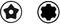Twee zwarte zeshoekige vormen: links een stervormige figuur met een gat in het midden, rechts een doorlopende zeshoekige vorm, beide in cirkels.