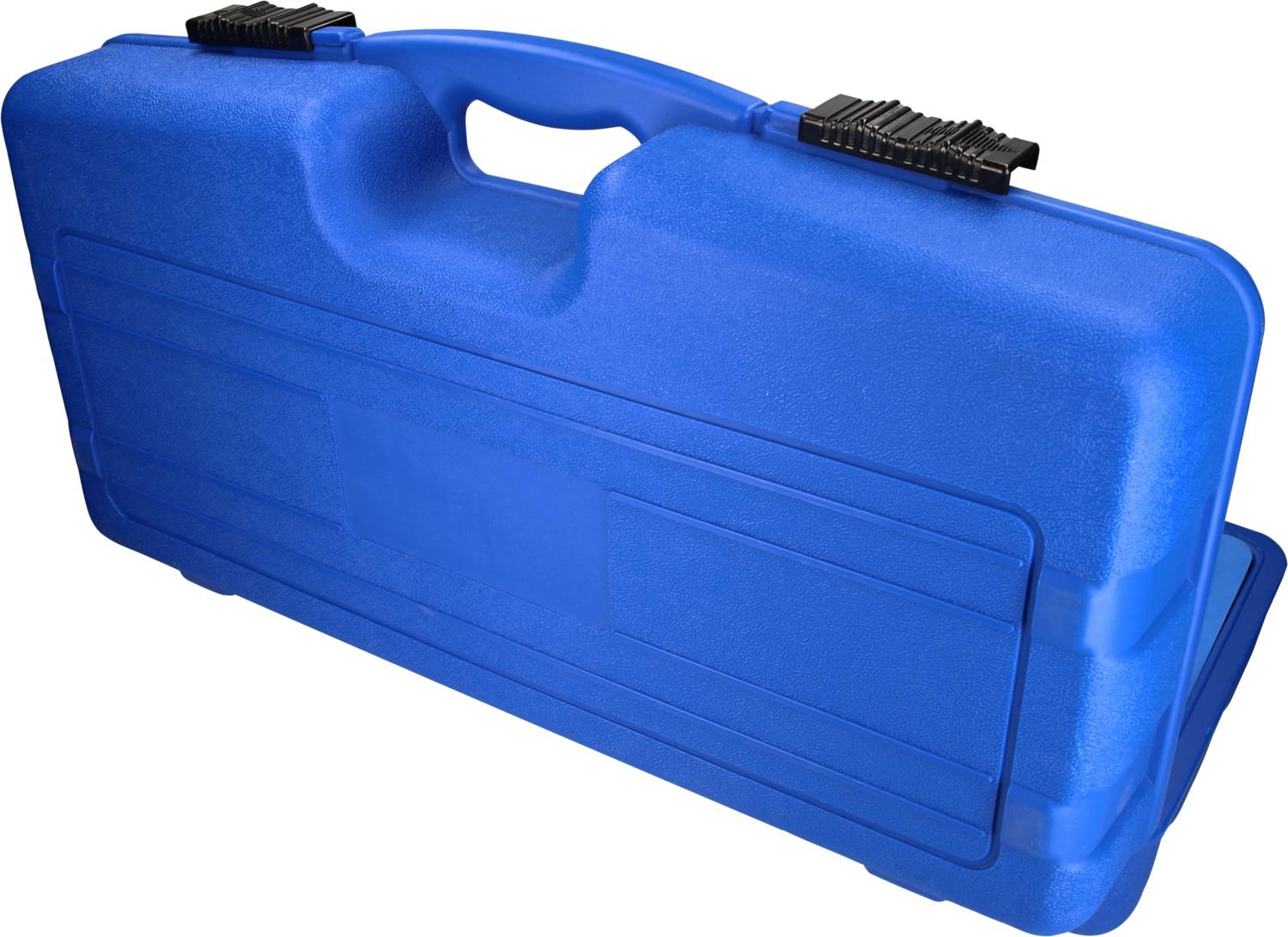 Een blauwe gereedschapskoffer met handvat en twee zwarte sluitingen. Geschikt voor het veilig vervoeren van gereedschappen.