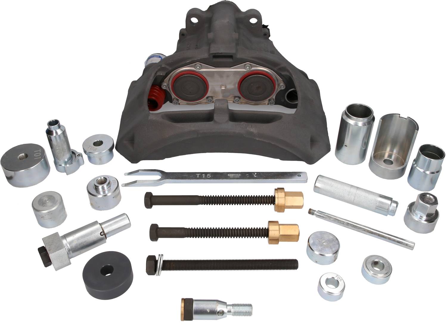 Remklauw gereedschapsset bestaande uit verschillende metalen onderdelen en gereedschappen voor reparatie en onderhoud van remmen.