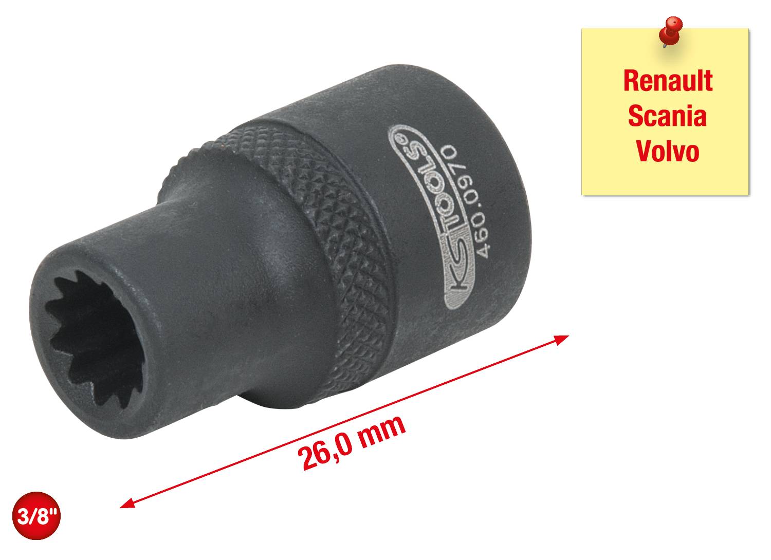 'Zwart-rode dopsleutelinzet, maat 3/8", lengte 26,0 mm. Geschikt voor Renault, Scania, Volvo. Artikelnummer 460.0970.'