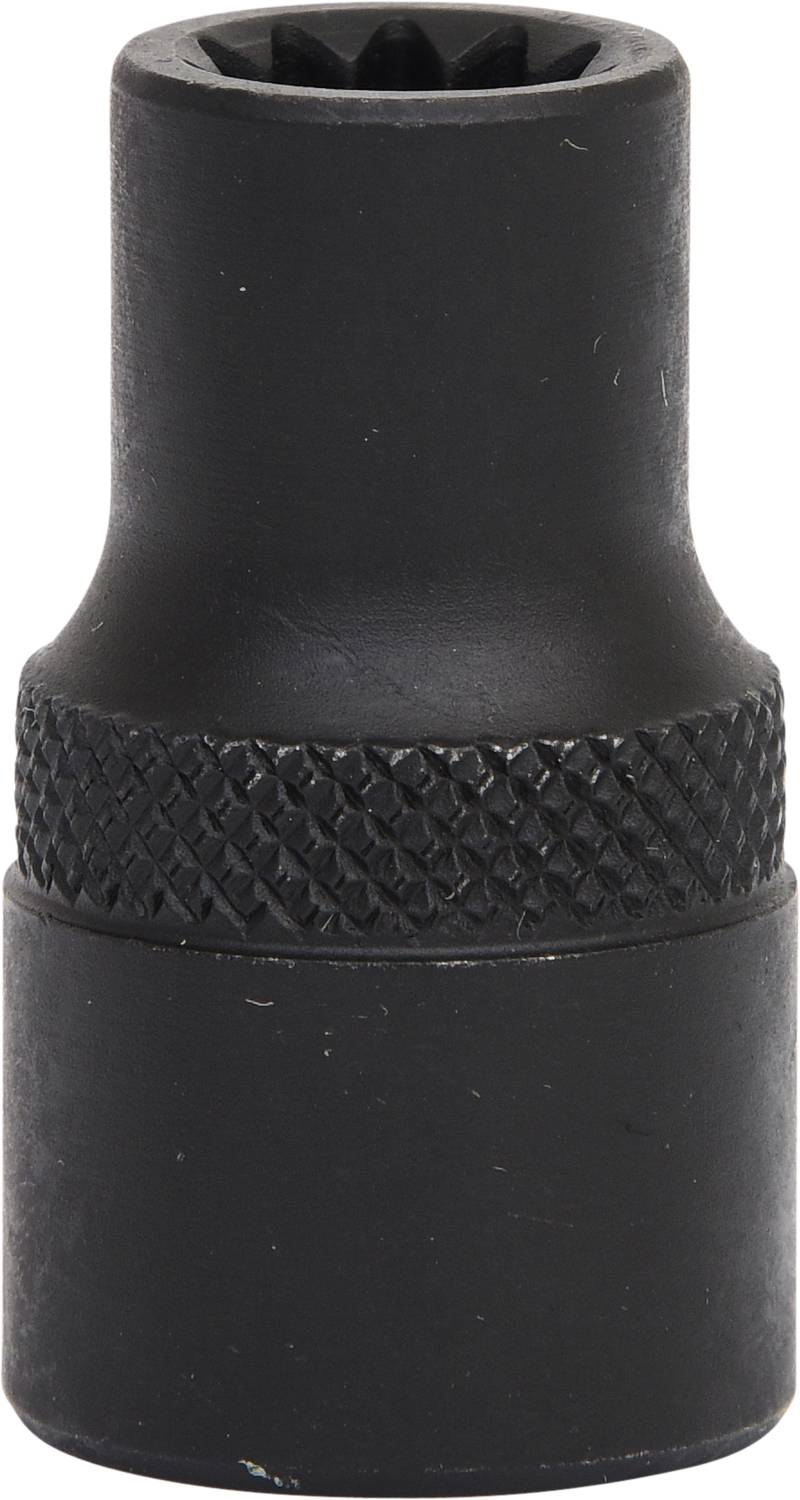 Een zwarte dopsleutel met gegroefde greep, gebruikt voor schroefwerkzaamheden, tegen een witte achtergrond.