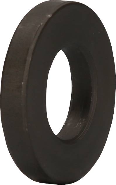 Een zwarte, ronde metalen sluitring die schuin van opzij wordt getoond, met een gat in het midden.