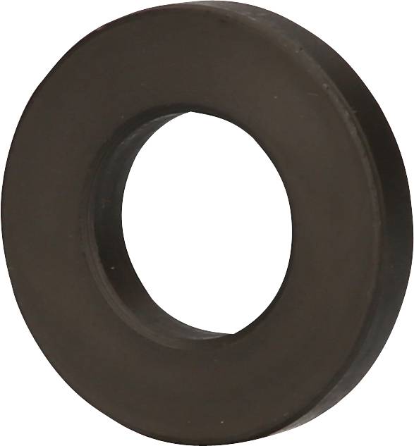 Een ronde, donkerbruine rubberen ring met een centrale opening, vergelijkbaar met een afdichting.