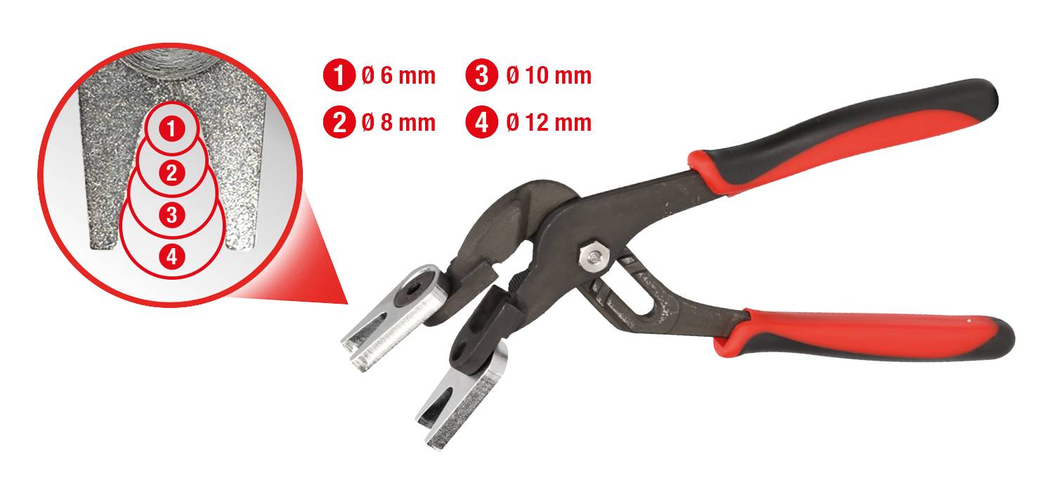 Perforator met rode handgreep. Close-up toont vier gatmaten: 6 mm, 8 mm, 10 mm, 12 mm, geschikt voor verschillende toepassingen.