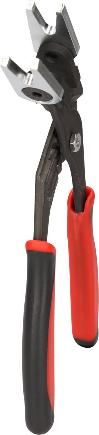 Een zwarte tang met rode handgrepen, die wordt gebruikt om objecten vast te pakken en te draaien.