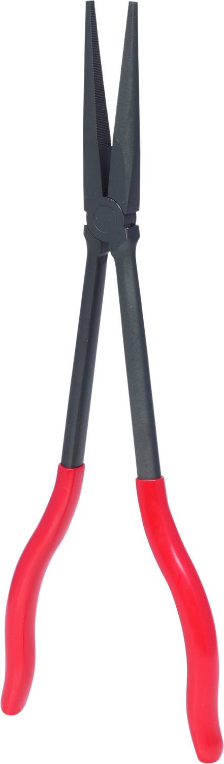 Lange tang met zwarte grijpbekken en rode, ergonomisch gevormde handgrepen, geschikt voor precisiewerk in moeilijk bereikbare gebieden.