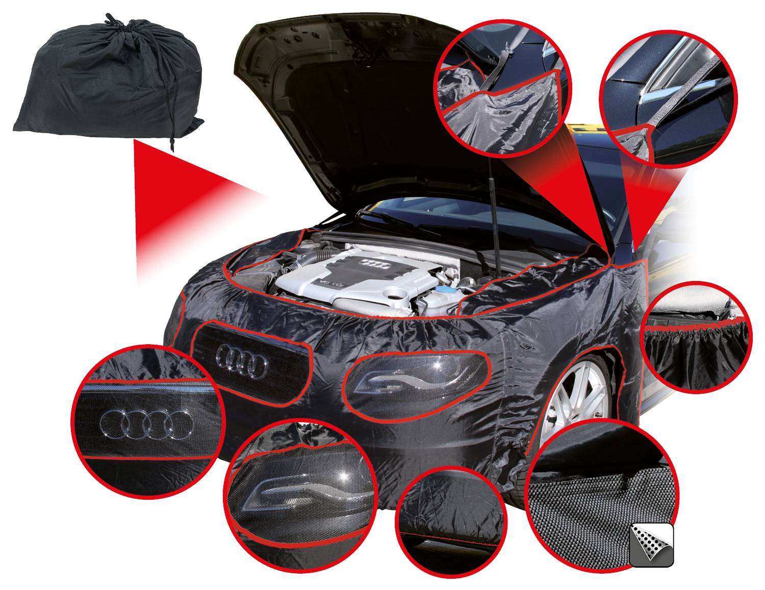 Auto met geopende motorkap, bedekt met een zwarte beschermfolie. Vergrote detailaanzichten tonen het materiaal en patroon.