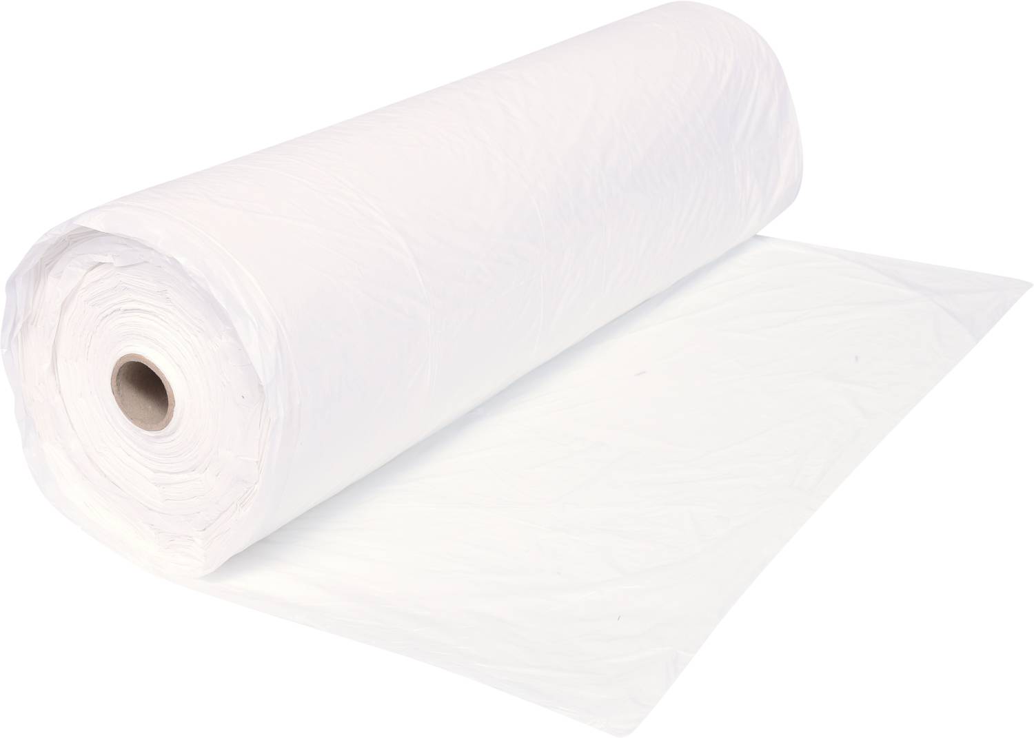 Een grote witte rol van kunststoffolie, gedeeltelijk afgerold en liggend weergegeven. Geschikt voor verpakkingsdoeleinden.