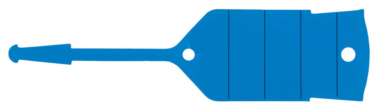Blauw kunststof label met twee gaten, te bevestigen aan voorwerpen.
