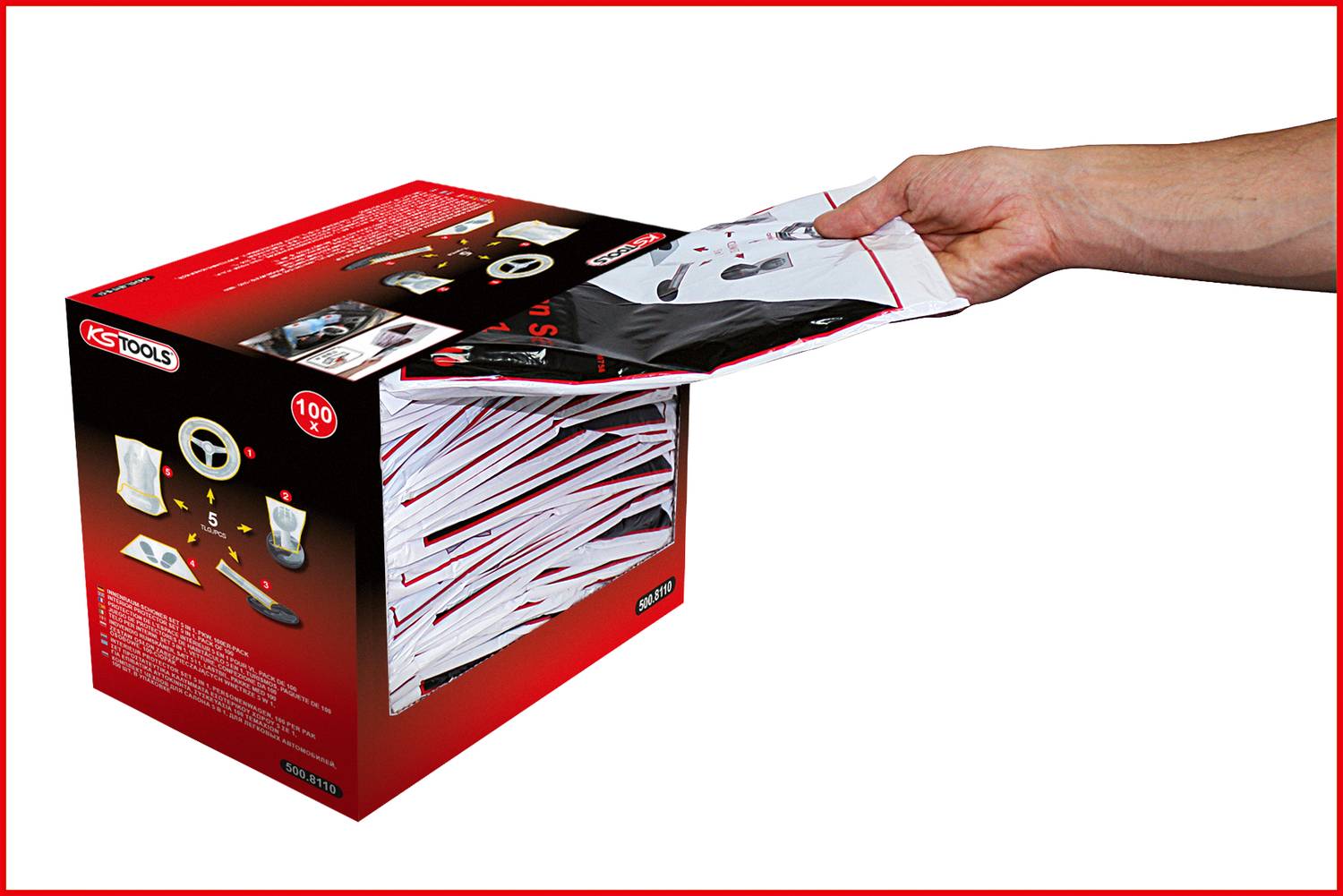 Een hand haalt een wit doek uit een zwarte verpakkingsdoos van KS Tools. De doos bevat 100 herbruikbare doeken.