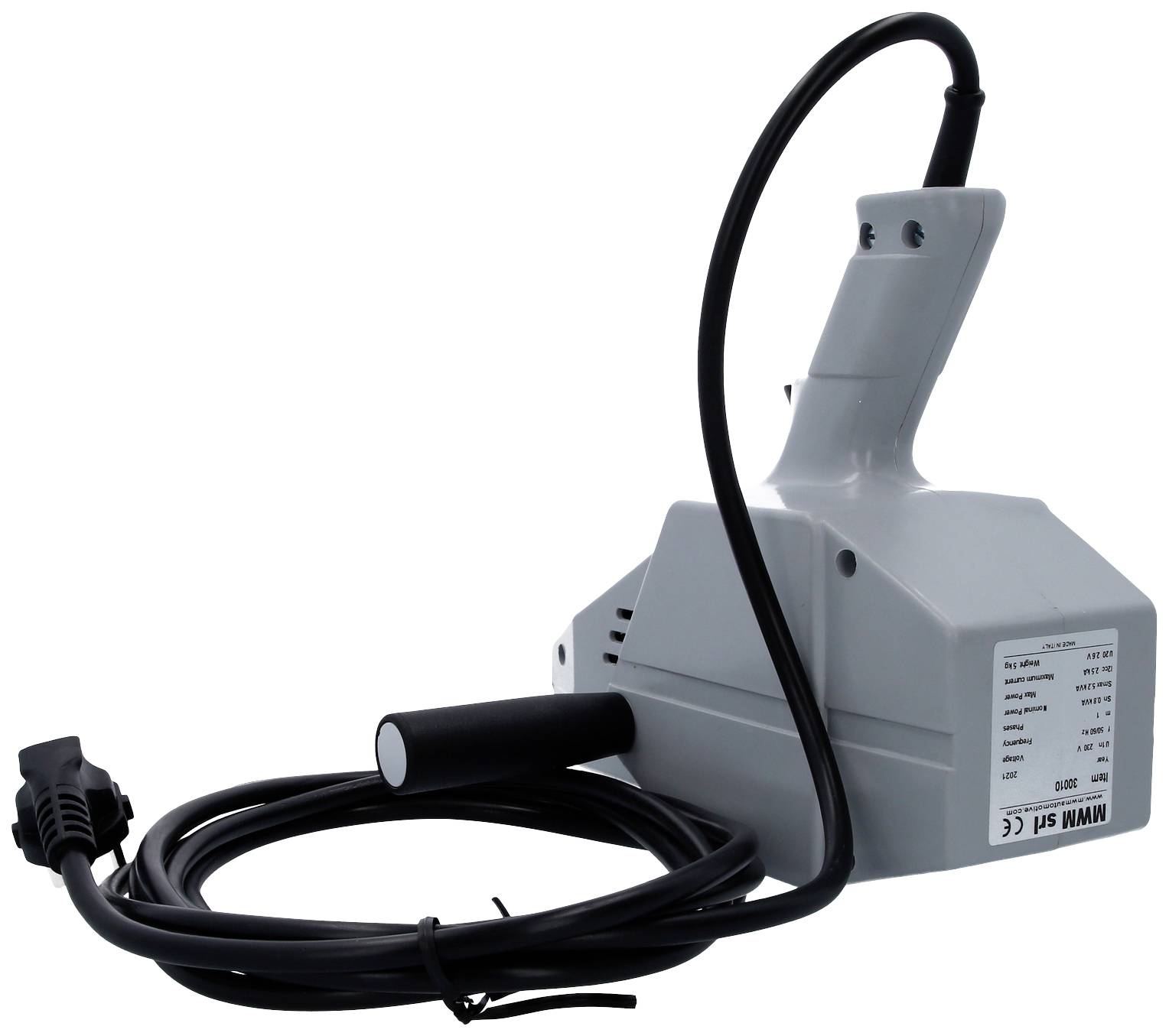 Elektrisch gereedschap met een grijs behuizing en een zwart stroomsnoer, geschikt voor ambachtelijke werkzaamheden of reparaties.