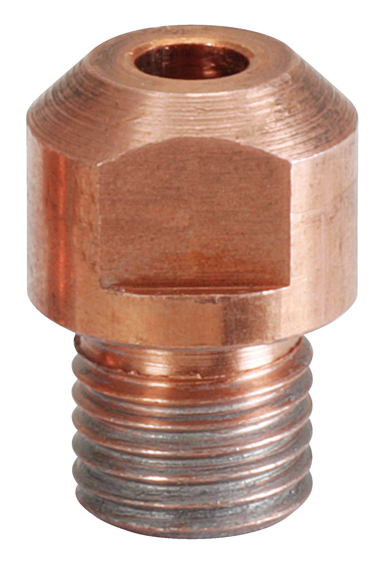 Een enkele koperen draadbevestiging, vermoedelijk een nozzle of adapter, met een cilindrische vorm en een uitgespaarde opening bovenaan.