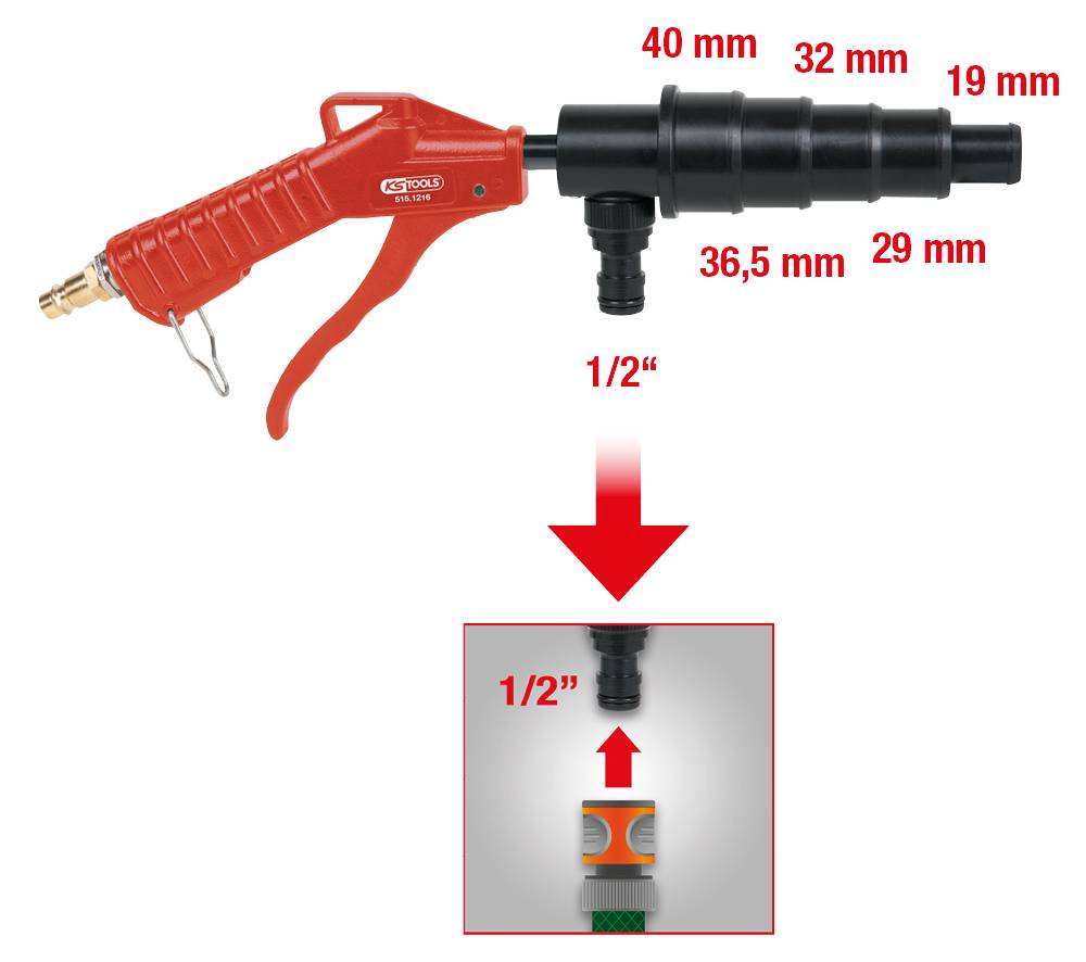 Rode tuinslangsproeier met afneembare aansluitingen in verschillende diameters: 40 mm, 32 mm, 29 mm, 19 mm, 36,5 mm, 1/2 inch.