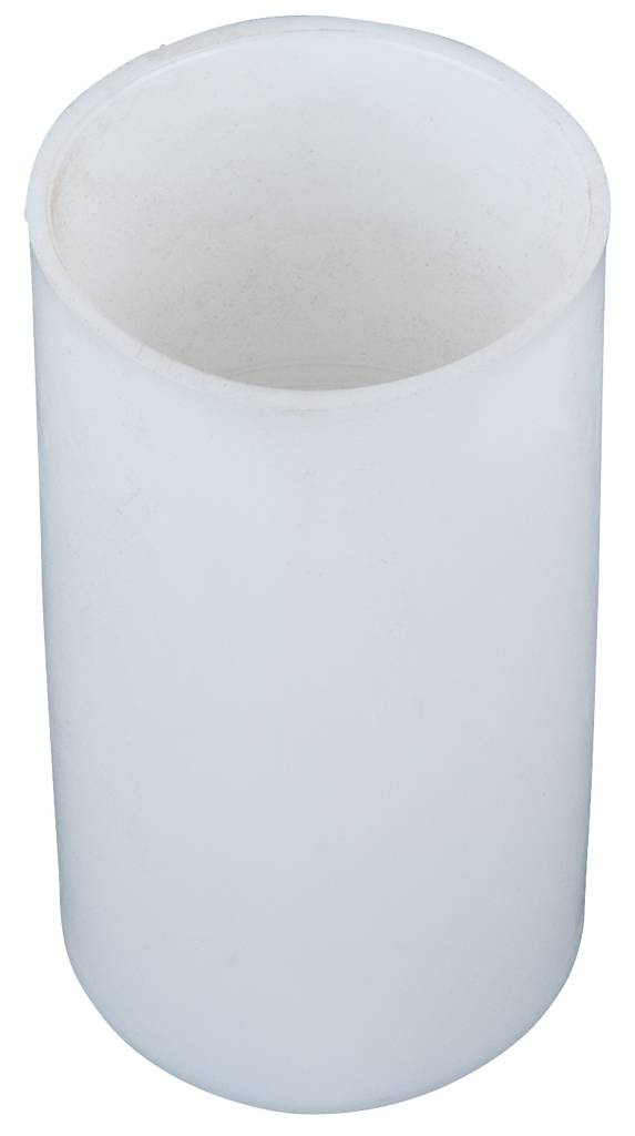 Een witte, cilindrische kunststofcontainer, verticaal geplaatst, met een gladde oppervlakte.