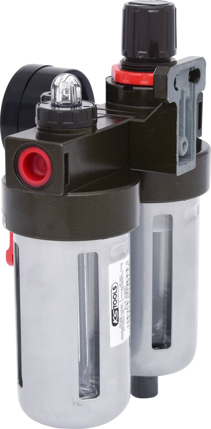 Een persluchtfilter met een zwart behuizing en transparante containers voor het verwijderen van verontreinigingen uit persluichtsystemen.