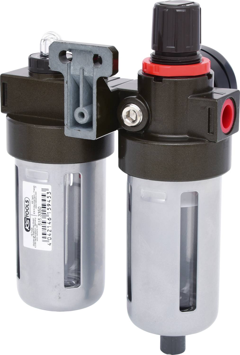 Twee naast elkaar geplaatste persluchtfilters/-regelaars in een zwarte behuizing met transparante reservoirs, een rode ring en een metalen houder.