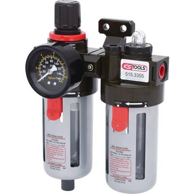 Perslucht-onderhoudsunit met manometer, regelaar en olienevelaar. Merk: KS Tools. Meetschaal is goed leesbaar, artikelnummer: 515.3355.