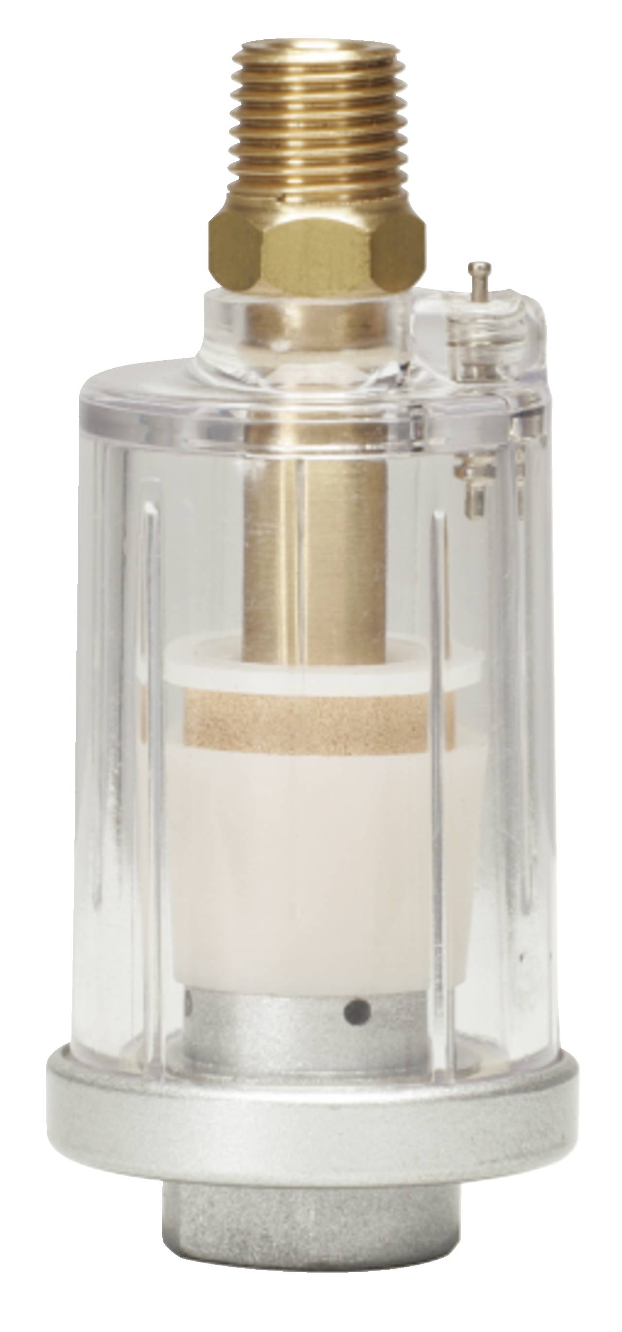 Cilindrische luchtfilter met transparante behuizing, metalen schroefdraad bovenaan en dop onderaan. Filterelement binnenin zichtbaar.