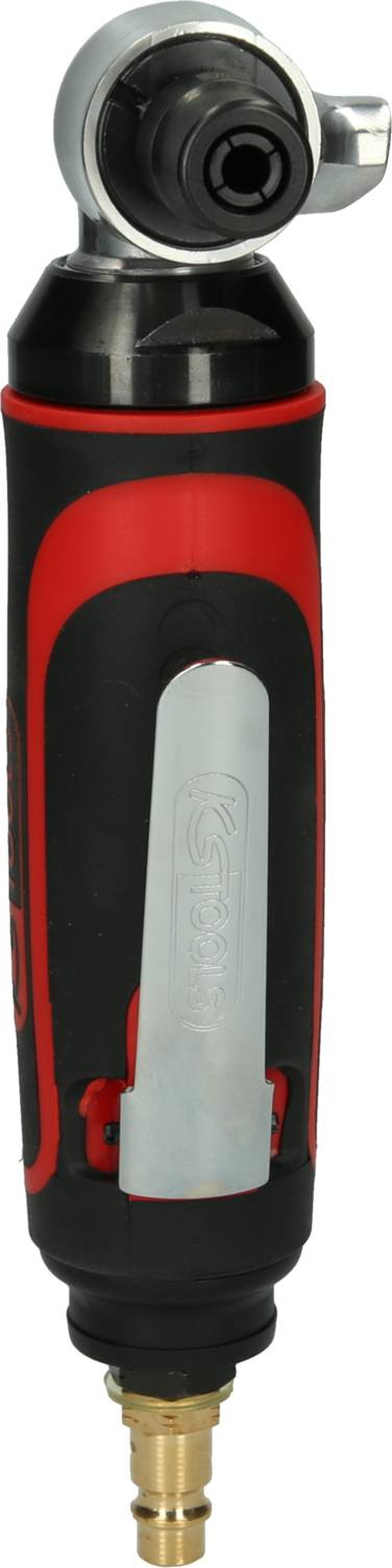 Pneumatische werkplaatsboormachine met ergonomische handgreep, zwart-rood, met metalen beugel, geschikt voor nauwkeurige boringswerkzaamheden in beperkte ruimtes.