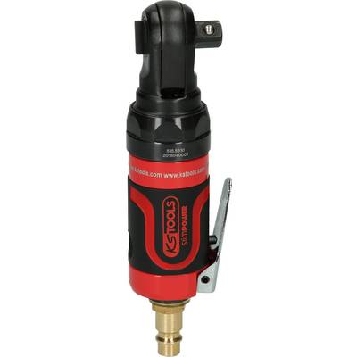 Een rood en zwart pneumatisch gereedschap van KS Tools met hefboomgreep en aansluitnozzle, rechtop staand.