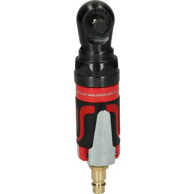 Een pneumatische haakse schroevendraaier met een rood en zwart behuizing, bovenaan voorzien van een draaikop en onderaan met een zilveren aansluiting.