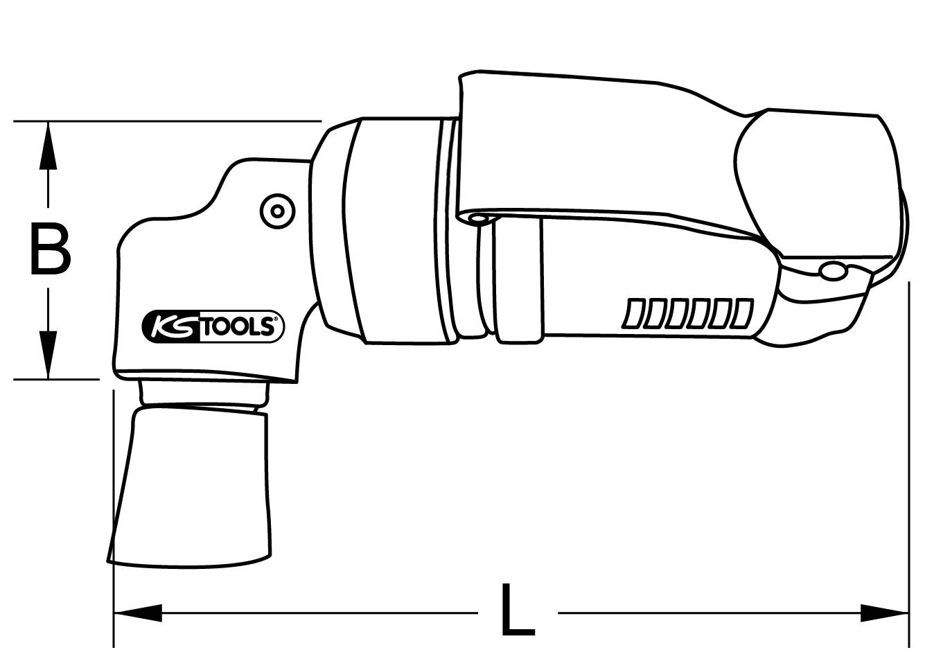 Illustratie van een pneumatische haakse schroevendraaier met het logo 'KS Tools'. Zijaanzicht toont de afmetingen L en B.
