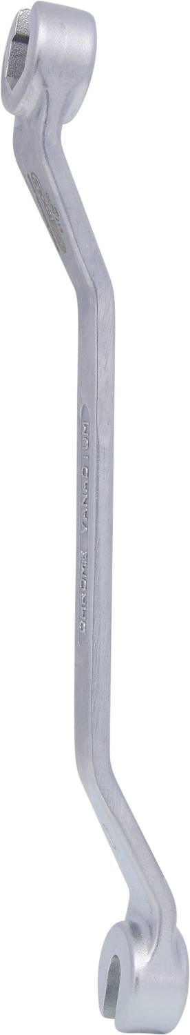 Een zilveren ringsteeksleutel met gebogen steel, gebruikt voor het aandraaien en losdraaien van bouten en moeren.