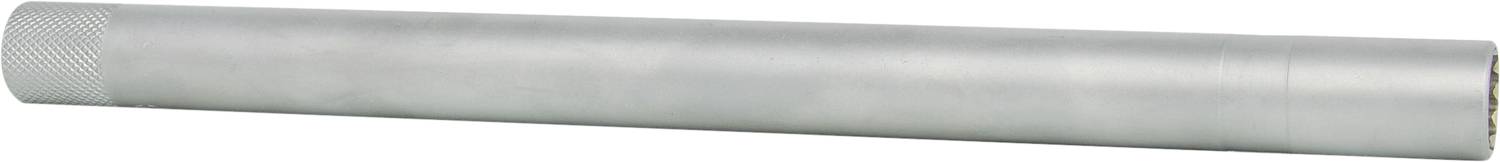 Cilindrische zilveren metalen buis, glad met een gegroefde sectie aan één uiteinde, op witte achtergrond.