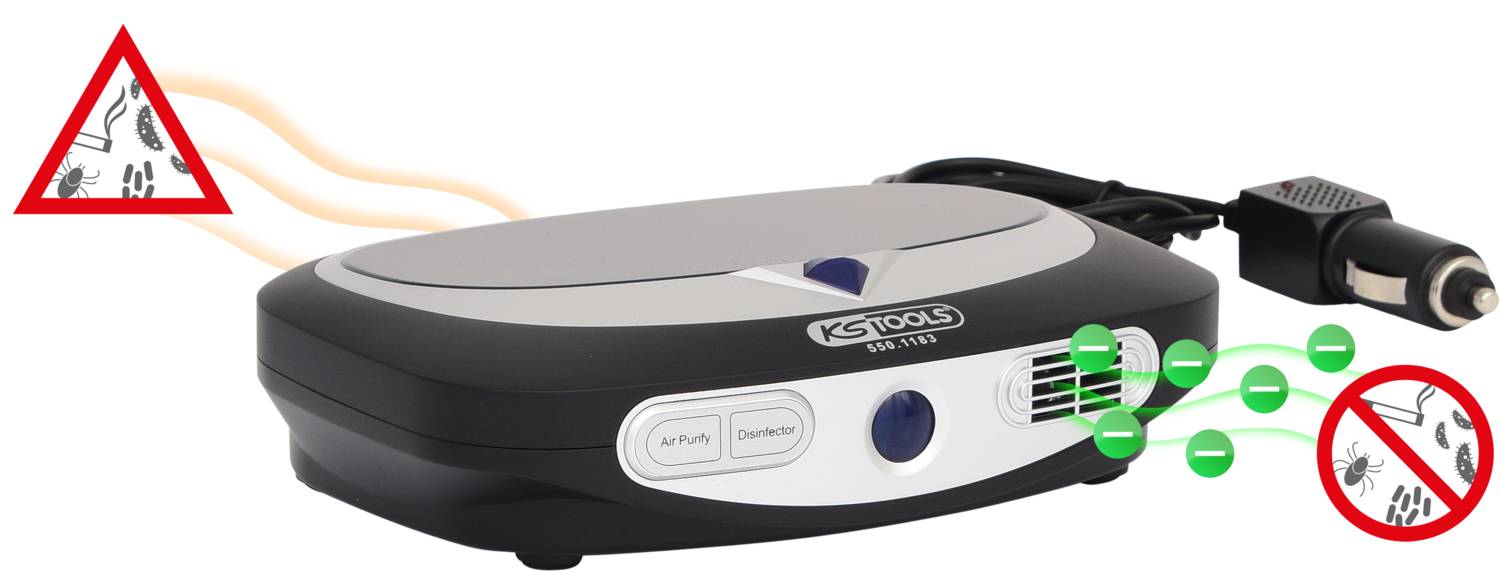 Een auto-luchtreiniger met ioniserende functie. Links toont een symbool de reductie van stofdeeltjes. Hij wordt gevoed via de sigarettenaansteker.