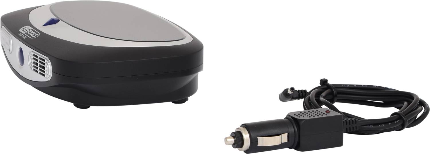 Elektrisch apparaat met kabel en sigaret-aanstekerstekker, geschikt voor gebruik in de auto.