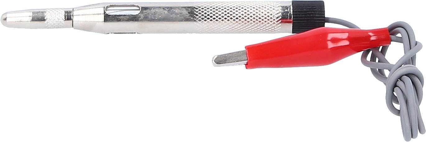 Metaaldetector-tester met rode alligatorclip en grijs kabel. Voornamelijk gebruikt voor spanningscontroles in elektrische leidingen.