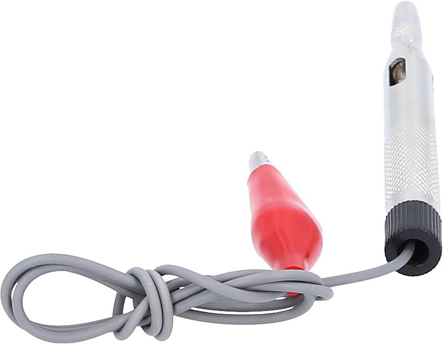 Een zilveren elektrische meet- of schroevendraaier met een grijs snoer en een rode krokodillenklem aan het uiteinde van het snoer.