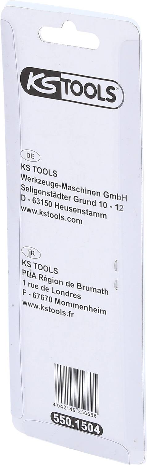 Achterkant van een gereedschapsverpakking van 'KS TOOLS' met bedrijfsadres in Duitsland en Frankrijk. Artikelnummer: 550.1504.