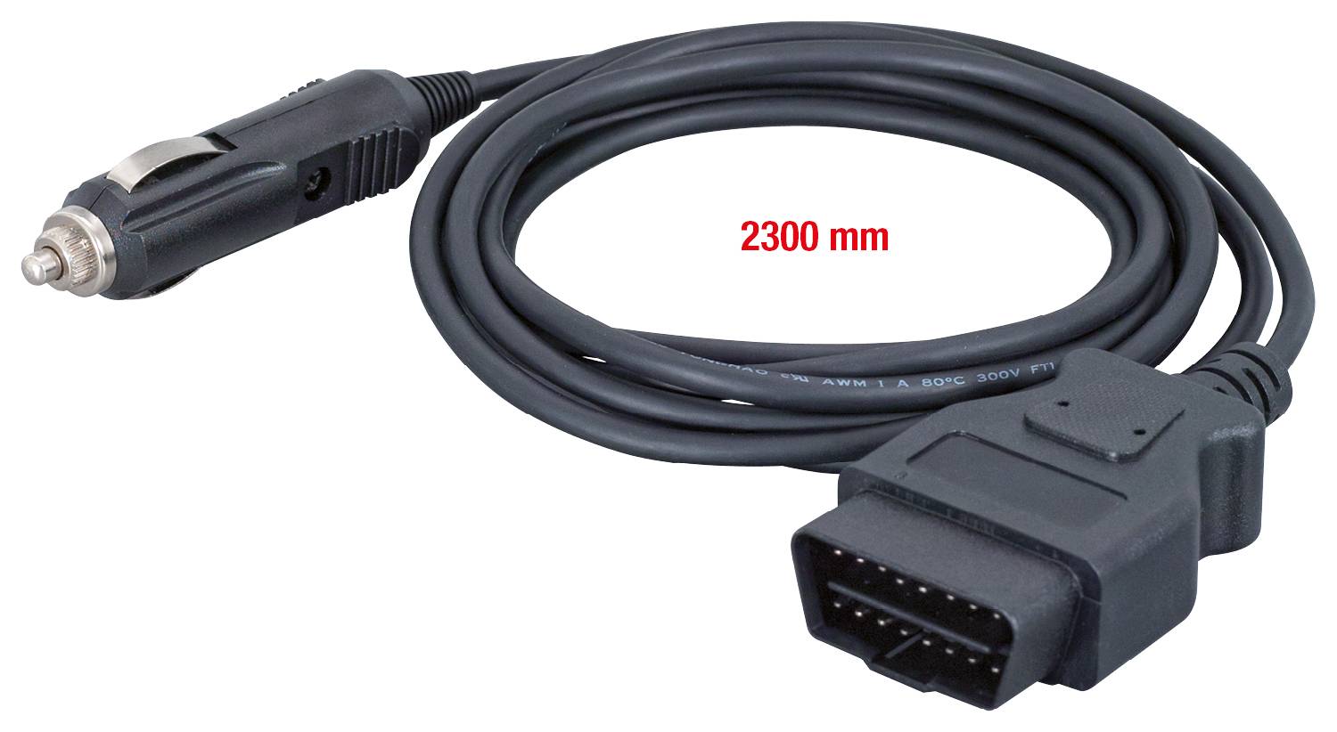 Lang aansluitkabel voor auto-diagnose. Links: auto-stekker. Rechts: OBD-II-stekker. Kabelaanduiding: '2300 mm'.