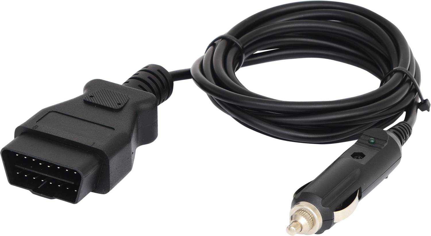 Een zwarte OBD-II-diagnosekabel, verbonden met een autolader-stekker. Geschikt voor aansluiting op voertuigdiagnoserapparaten.