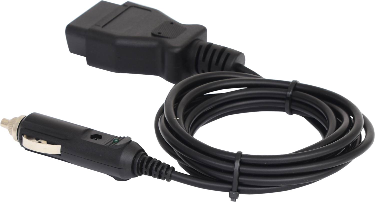 Zwart OBD2-diagnosekabel met stekker voor de sigarettenaansteker, gebruikt voor voertuigdiagnose.