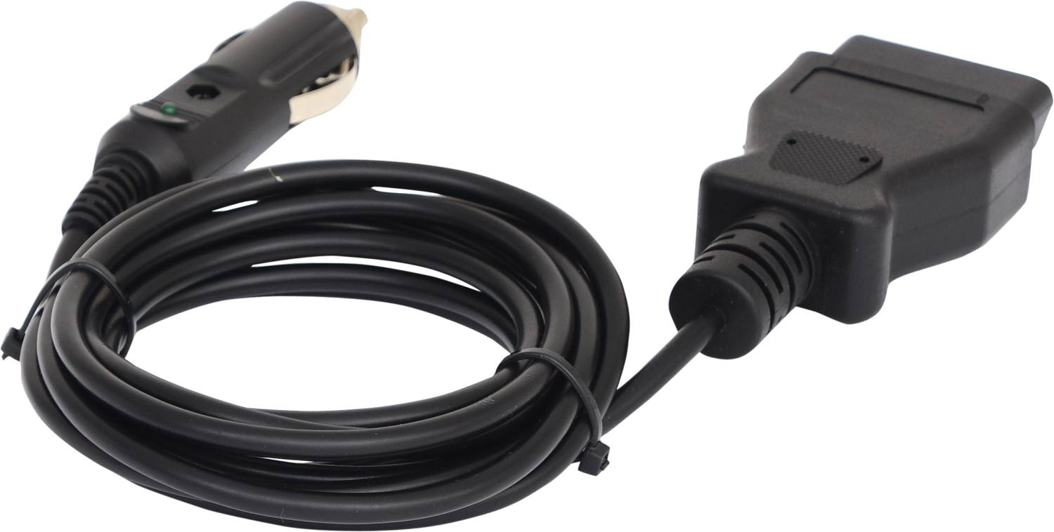 Een zwarte OBD-kabel met een sigarettenaansteker-stekker en een OBDII-stekker voor het aansluiten van voertuigen op diagnoseapparatuur.