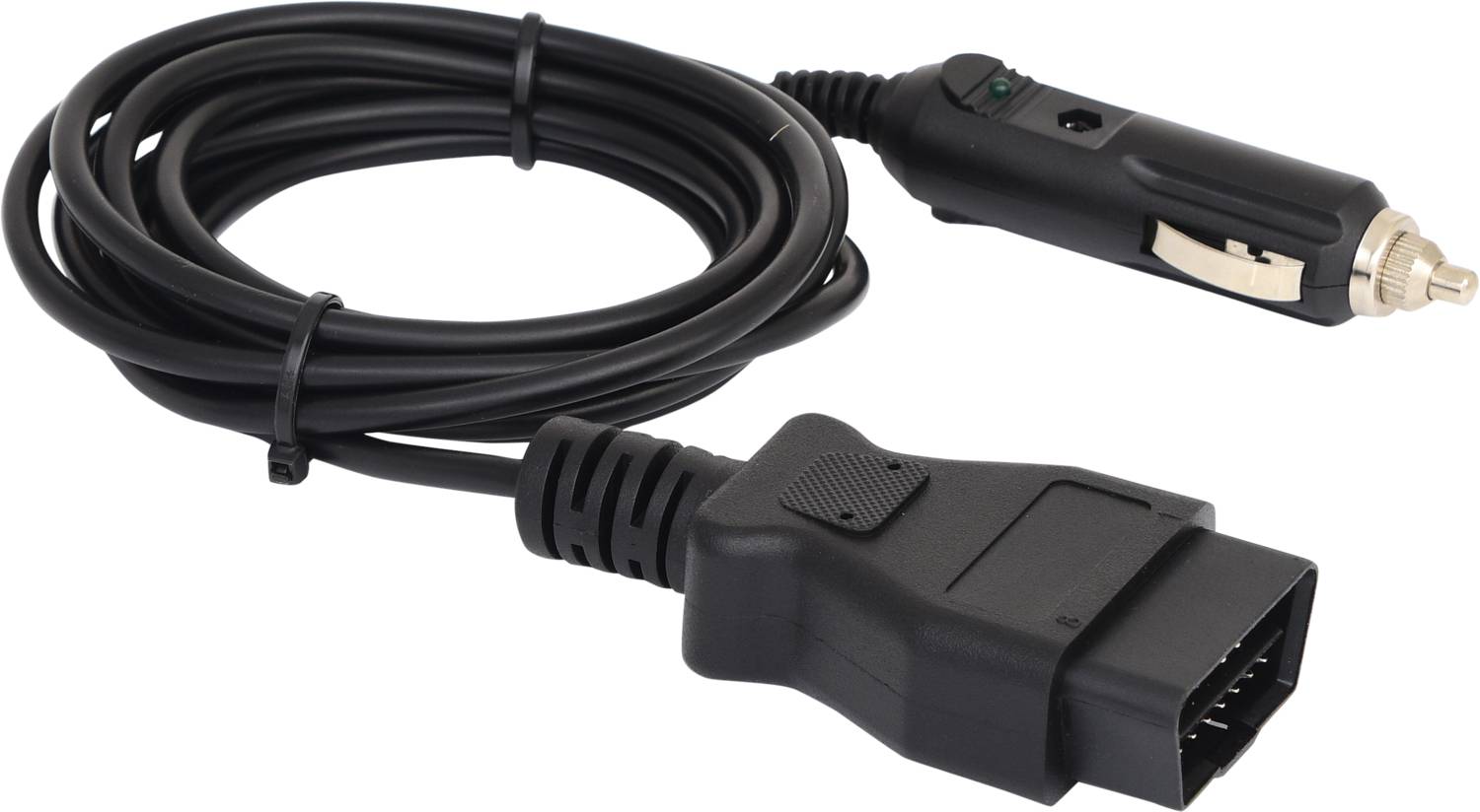 Een zwarte kabel met een OBD-II-stekker aan de ene kant en een sigarettenaanstekerstekker aan de andere kant.