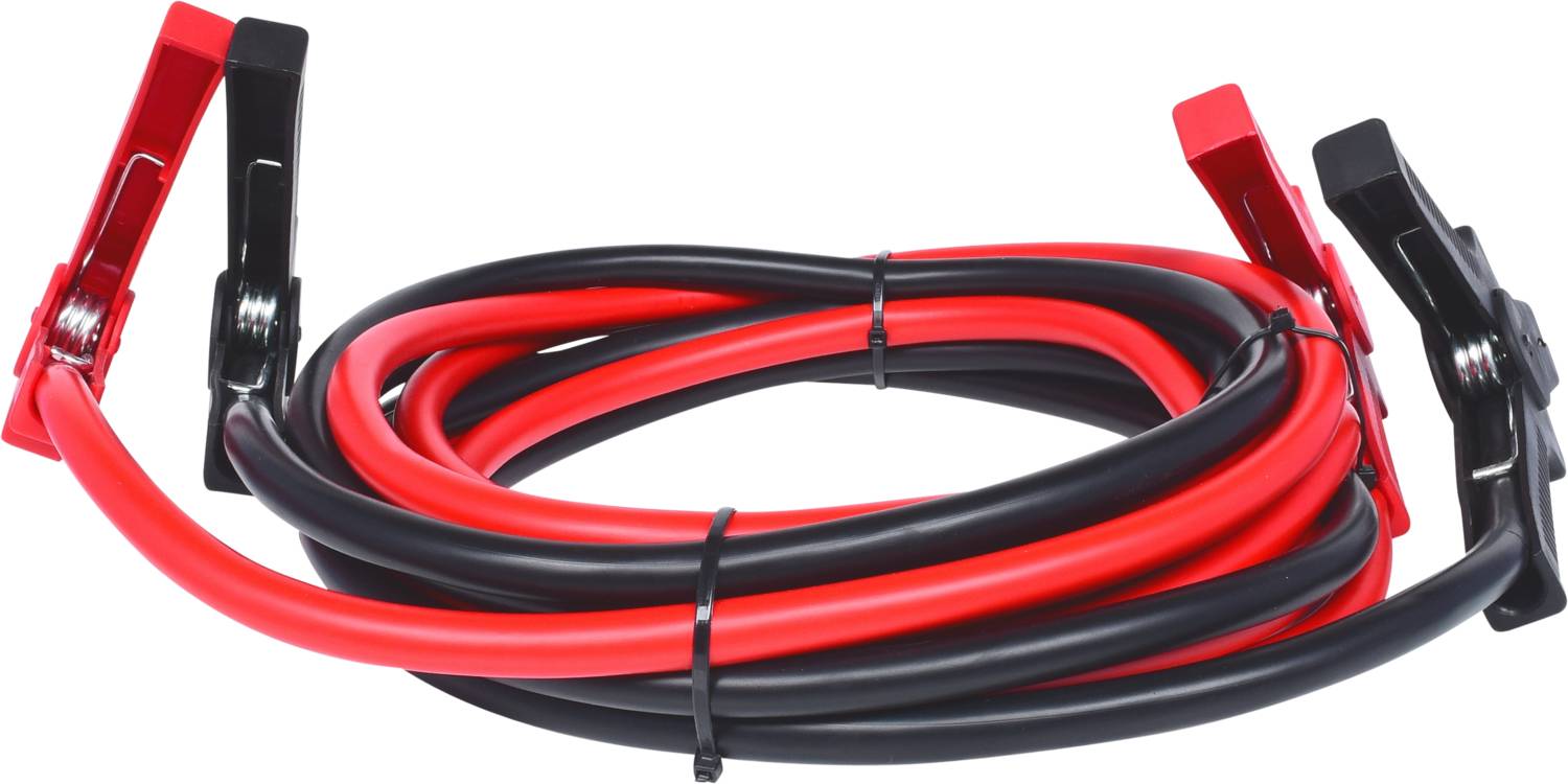 Rood en zwart startkabel met metalen klemmen, opgerold.