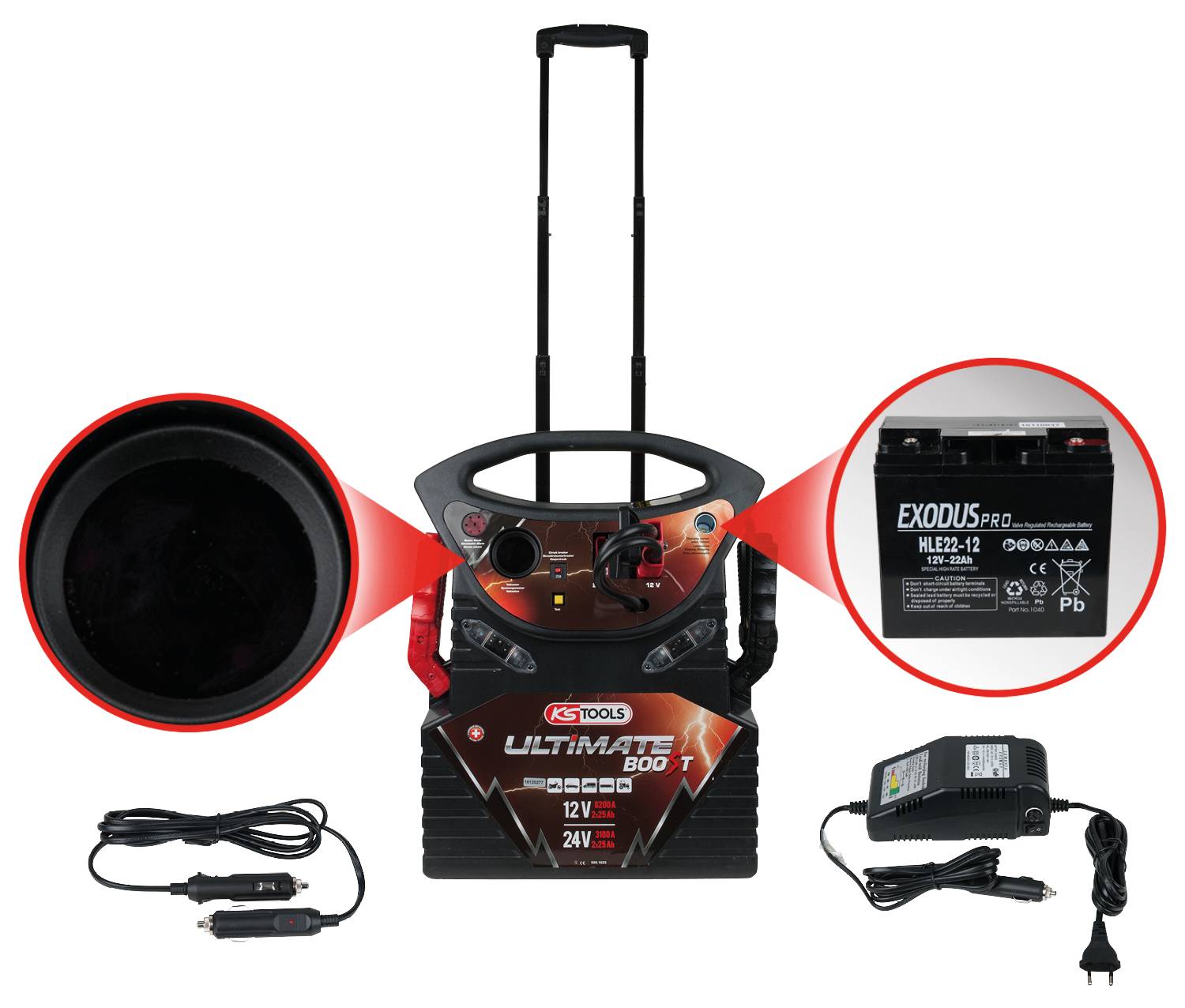 Draagbare startkabel met display, kabels, reserve-accu en oplader. Geschikt voor 12V en 24V voertuigen.