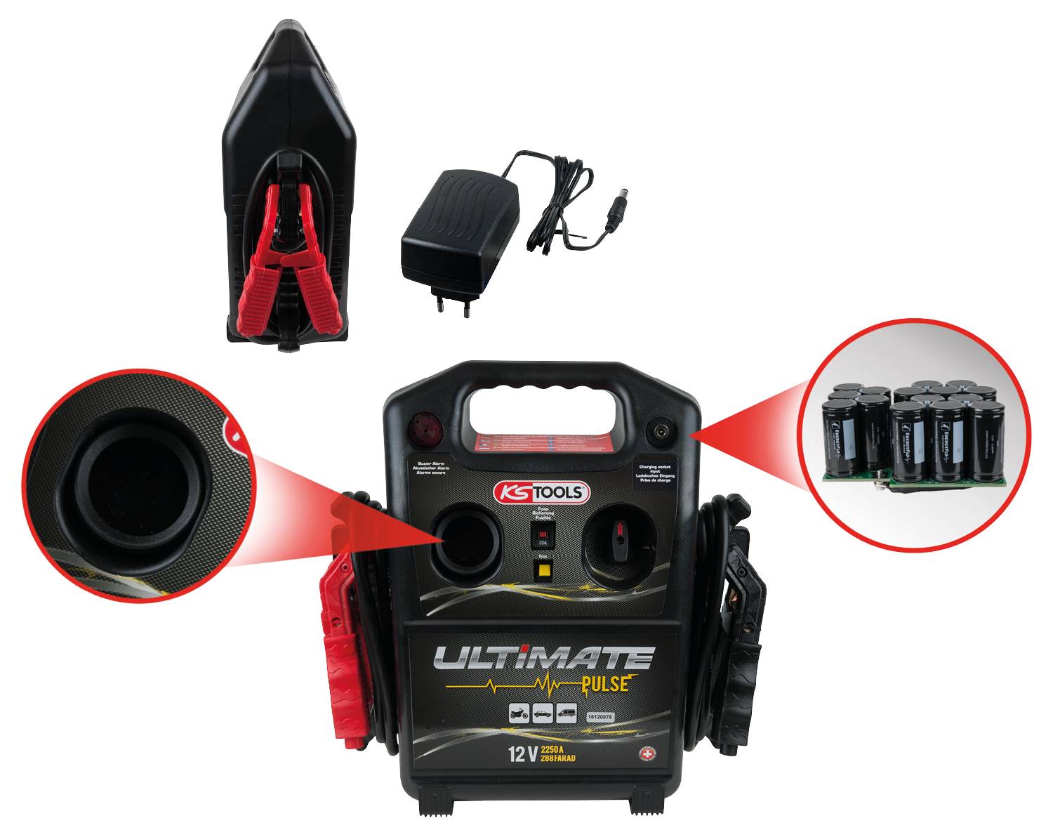 Draagbaar startapparaat met 12V-uitgang en klemmen. Inclusief oplader en batterijen in detail weergegeven.