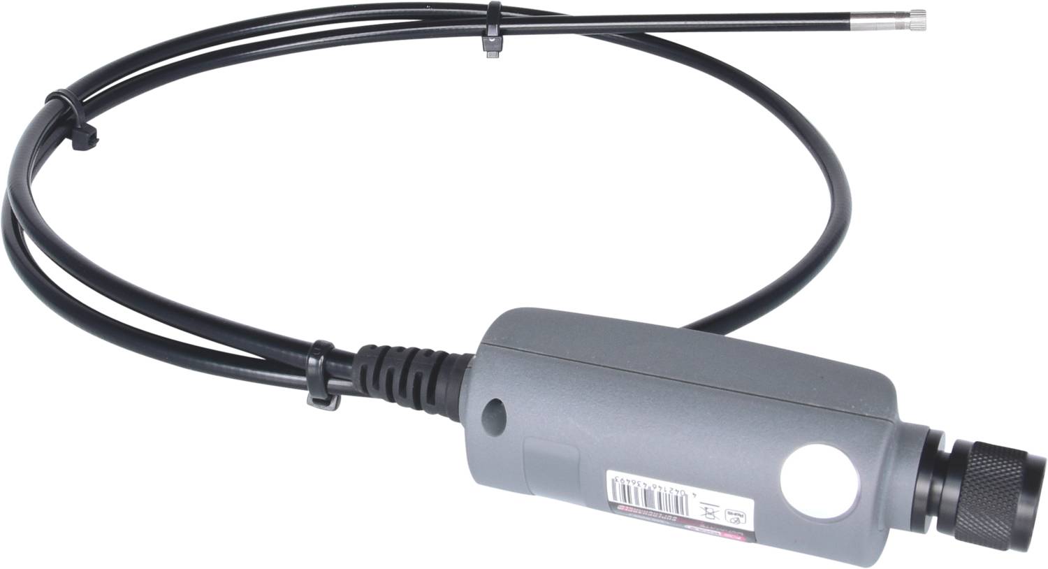 Een grijze elektrische sensor met een lang kabel, gebruikt voor technische of wetenschappelijke metingen.