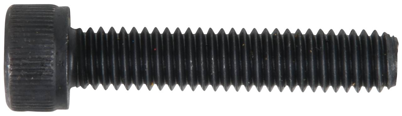Zwarte schroef met verzonken kop en volledig schroefdraad, in horizontale positie.