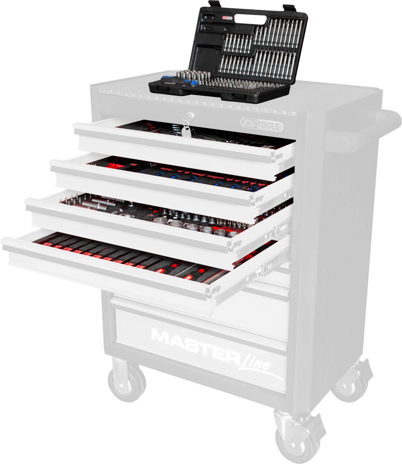 Een gereedschapswagen met vier open laden, gevuld met diverse gereedschappen. Bovenop ligt een openstaande gereedschapskoffer.