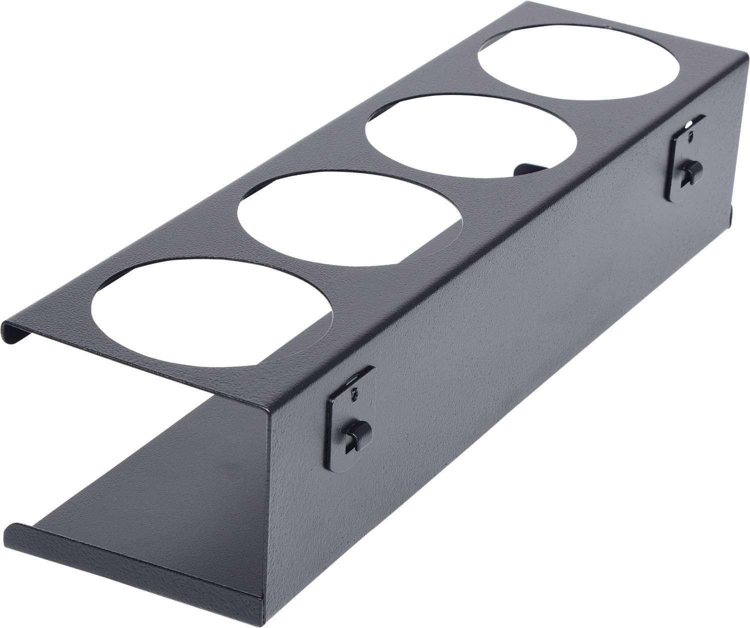 Metalen flessenhouder met drie ronde uitsparingen, geschikt voor horizontale opslag van flessen.