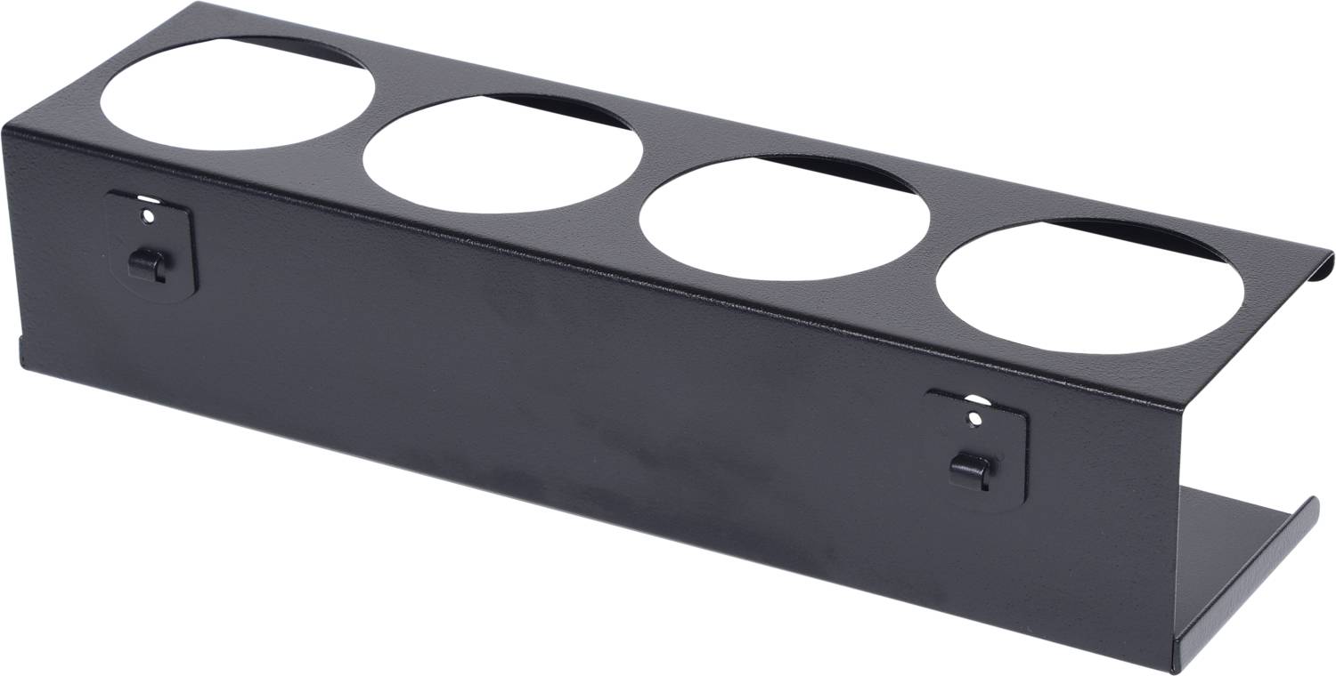 Metalen houder met vier ronde openingen om containers of buizen veilig te plaatsen. Geschikt voor gebruik in laboratoria of werkplaatsen.