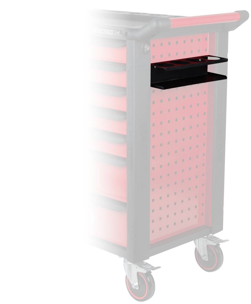 'Gereedschapswagen met rode details en wielen. Aan de zijkant een zwarte, bevestigde houder; voorkant gedeeltelijk wazig.'