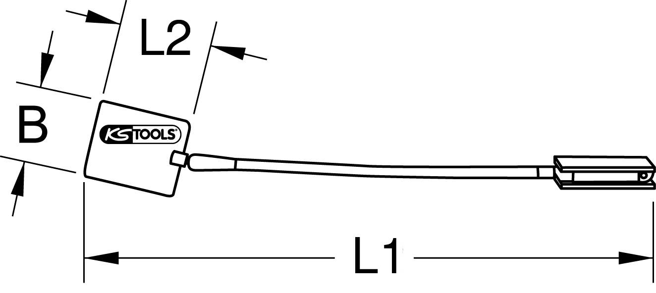 Technische tekening van een gereedschap. Toont afmetingen: L1, L2, B. Logo 'KS TOOLS' op rechthoekige kop.